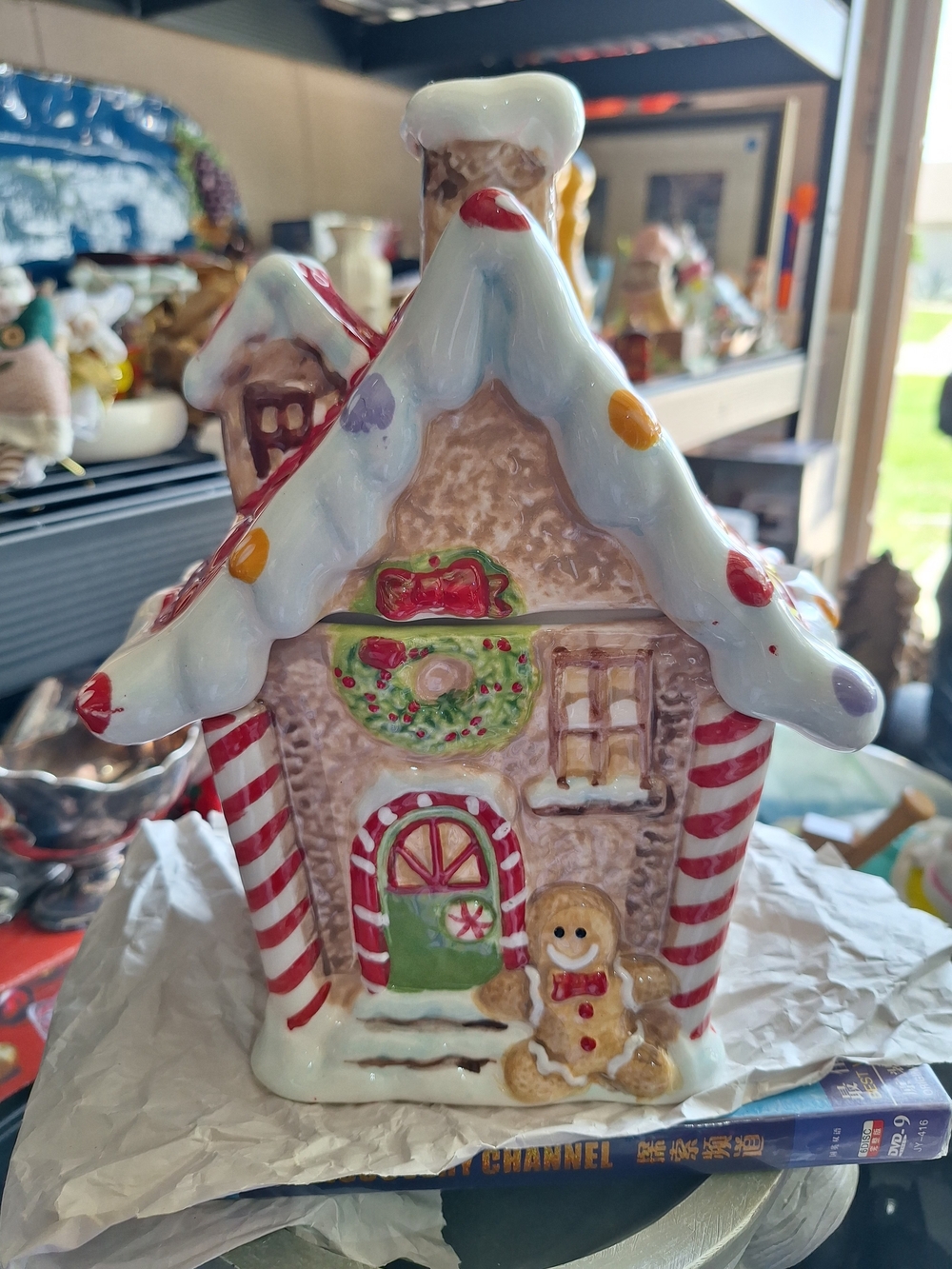 Festive Gingerbread House Ceramic Holiday Figurine - White, Red & Green